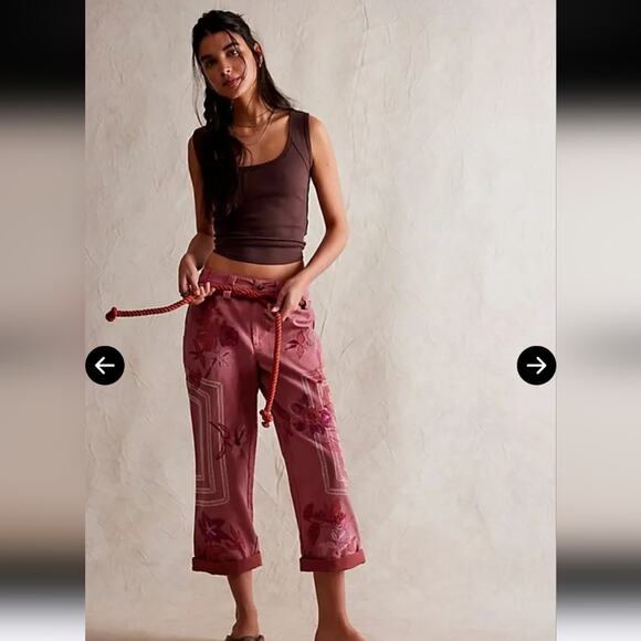FREE PEOPLE ELECTRIC SANDS EMBROIDERED CROPPED PANTS Sz 4 - Picture 1 of 6